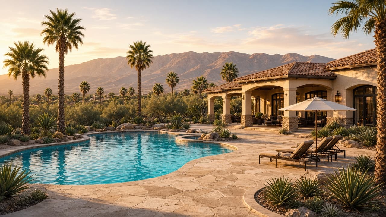 Master-plan amenities — Resort-style community pool and clubhouse in a Las Vegas gated neighborhood