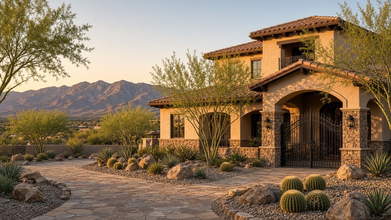 Live Exceptionally in Silverstone Ranch, the Guard-Gated Enclave of Northwest Las Vegas — Guard-gated Mediterranean home with desert landscaping in Silverstone Ranch, Northwest Las Vegas