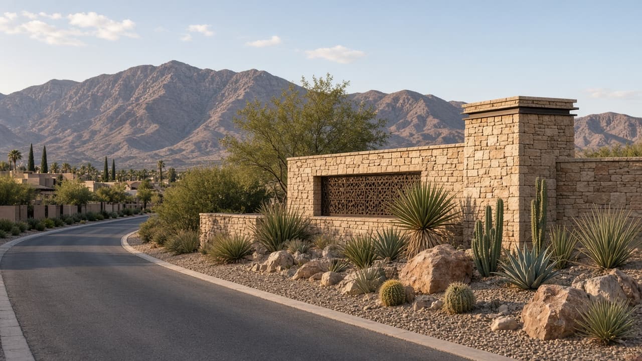 Verify zoning by street — Gated community entry monument in Northwest Las Vegas near Silverstone Ranch