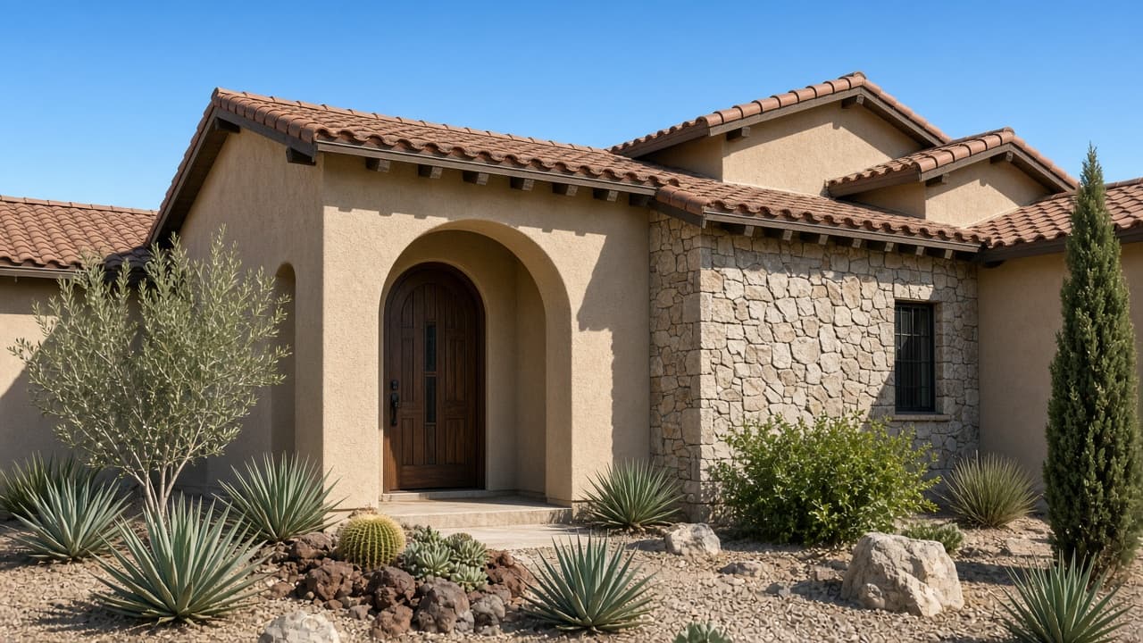 Home exteriors on camera — Mediterranean Silverstone Ranch home elevation with clay tile roof in Las Vegas