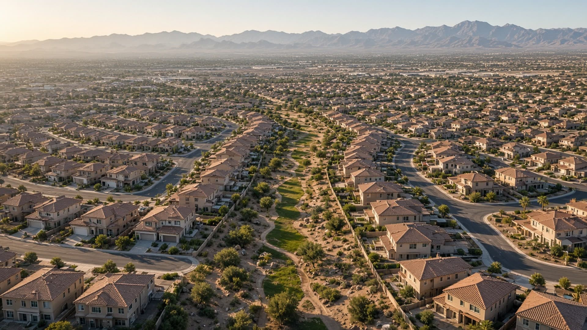 Compare Clairbrook options — Aerial of neighboring Northwest Las Vegas tile-roof neighborhoods near Silverstone Ranch