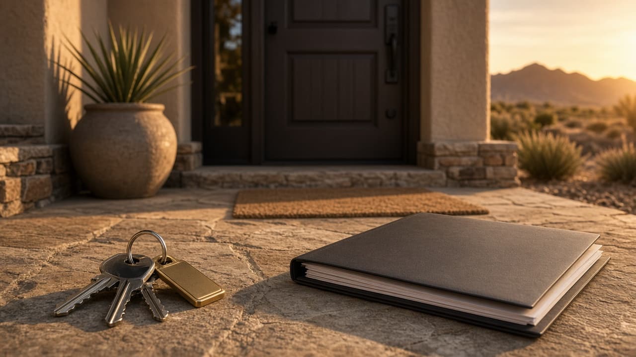 Valuation and logistics — Home keys and closing documents on a Silverstone Ranch porch in Las Vegas