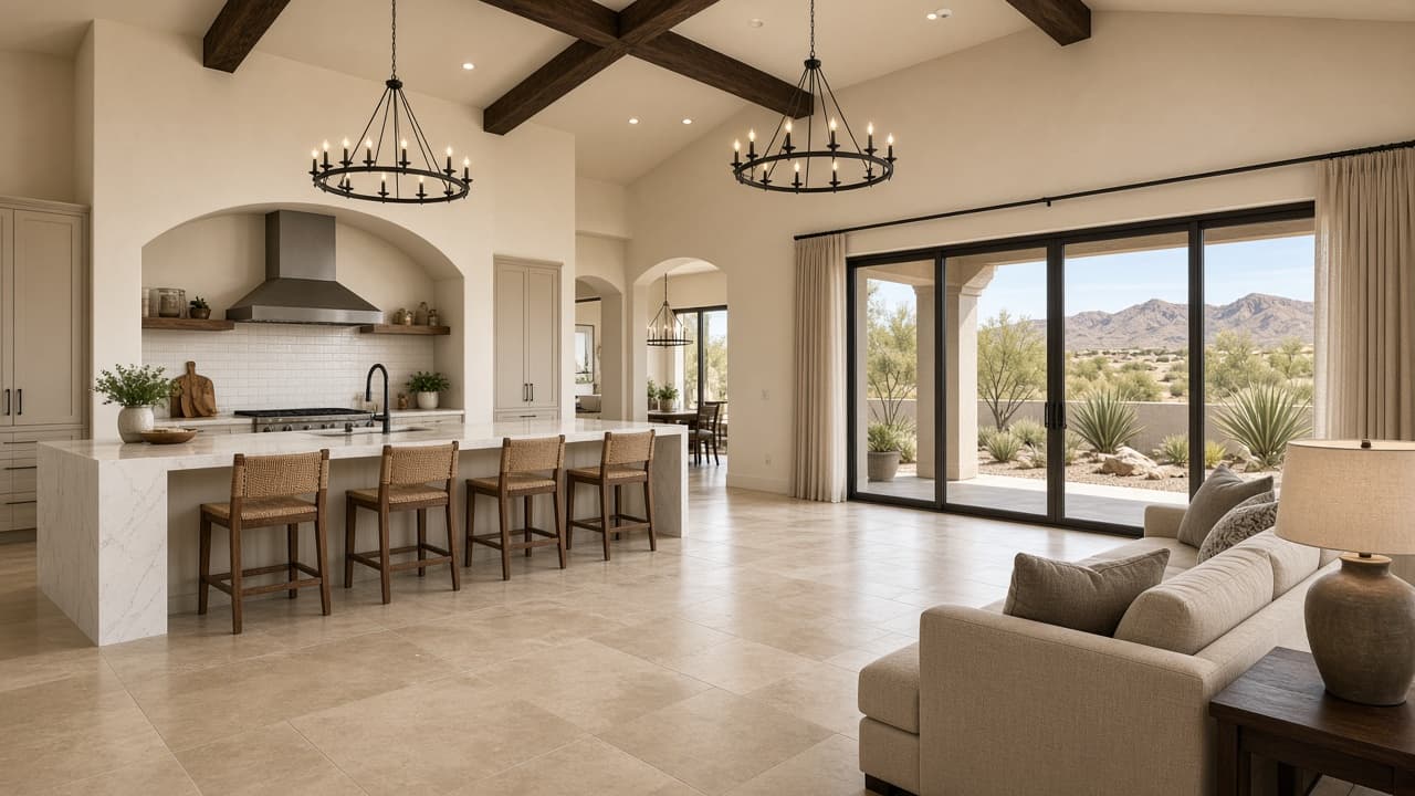 Interior living spaces — Open great room and kitchen floor plan in a Silverstone Ranch Las Vegas home