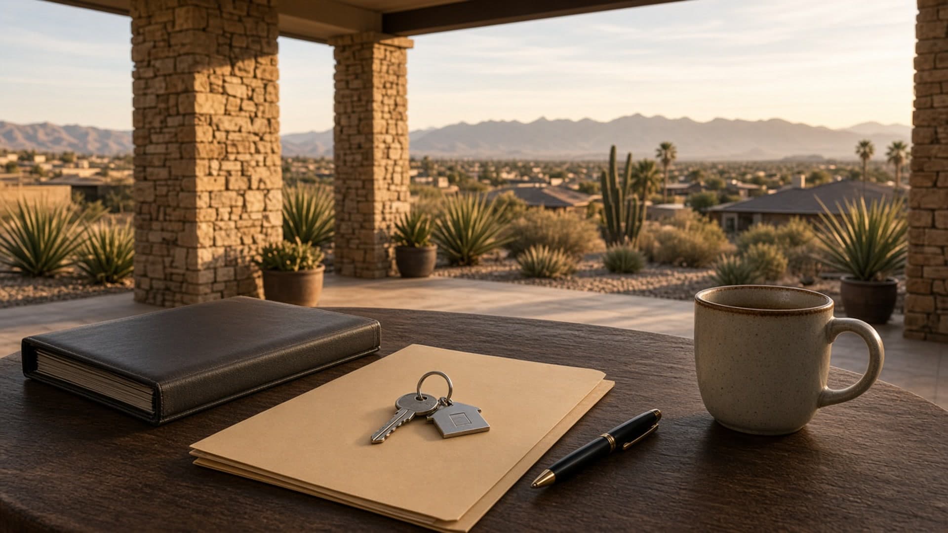Insurance & Financial Planning Insights — Homeownership documents and keys on a Silverstone Ranch patio in Northwest Las Vegas