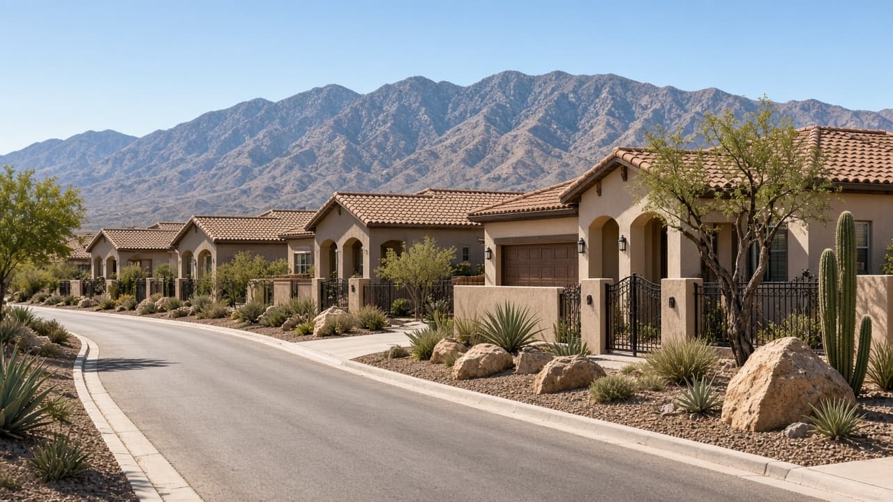 Silverstone Ranch neighborhood in Las Vegas 89131 — Quiet gated street of tile-roof homes in Silverstone Ranch, Las Vegas