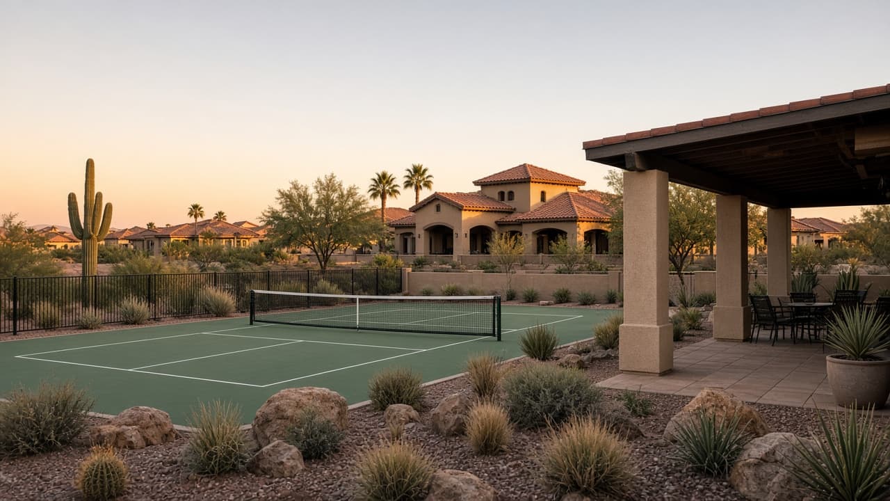 After-school recreation nearby — Pickleball courts and ramada recreation in a Las Vegas gated community