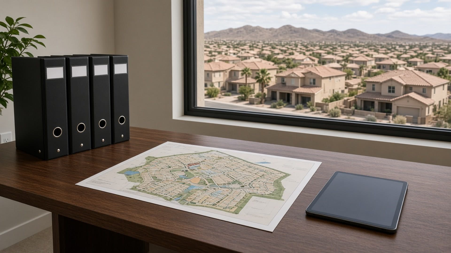 Market Data Deep Dive — Community resource binders and neighborhood map on a Silverstone Ranch desk