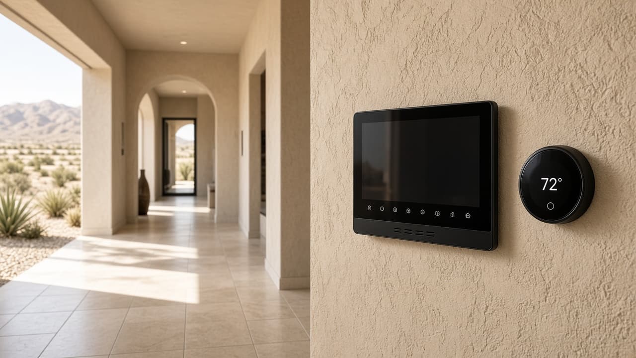 Technology & Smart Home Impact — Smart-home controls in a Silverstone Ranch desert contemporary residence