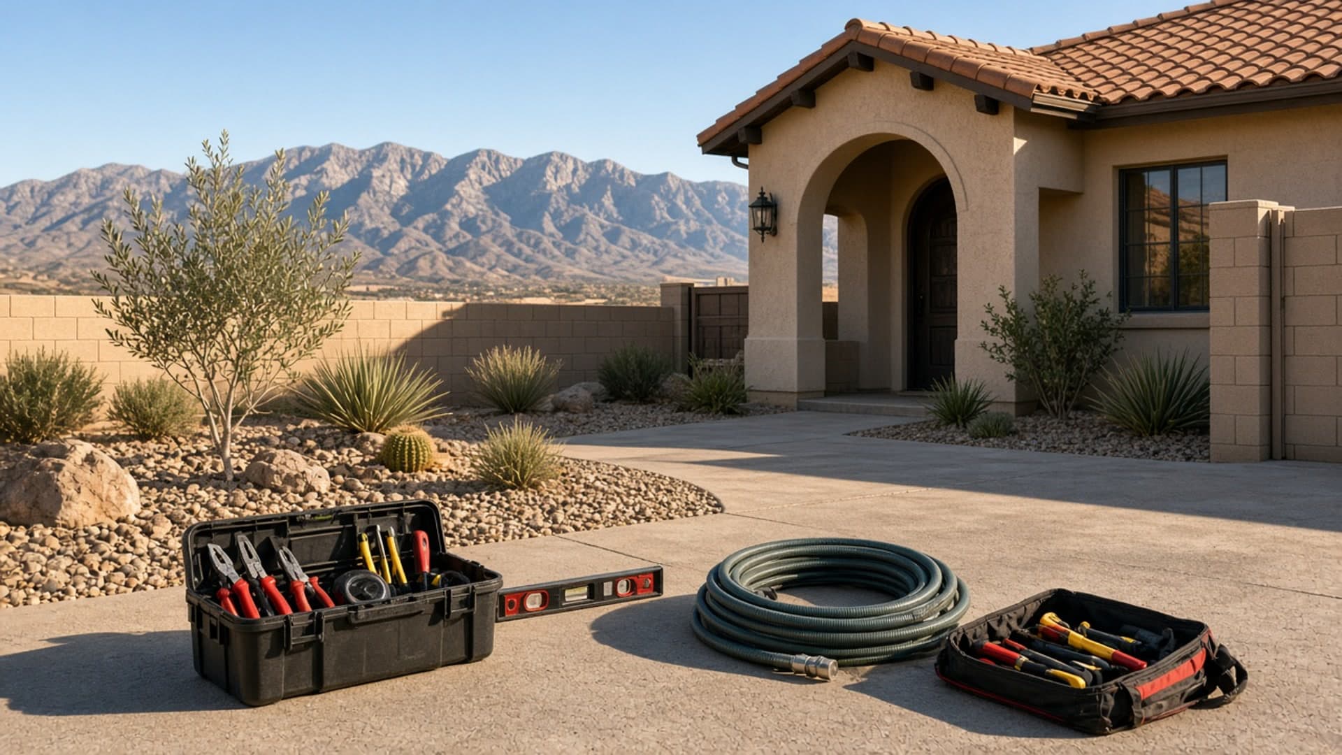 Inspection & Vendor Playbook — Trade tools staged on a Silverstone Ranch driveway after HOA-approved work in Las Vegas
